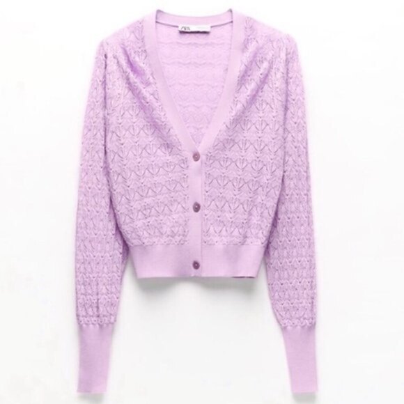 Purple Lilac Zara Pointelle Button Front Long Sleeve Cardigan Sweater (NWT) - Picture 1 of 4